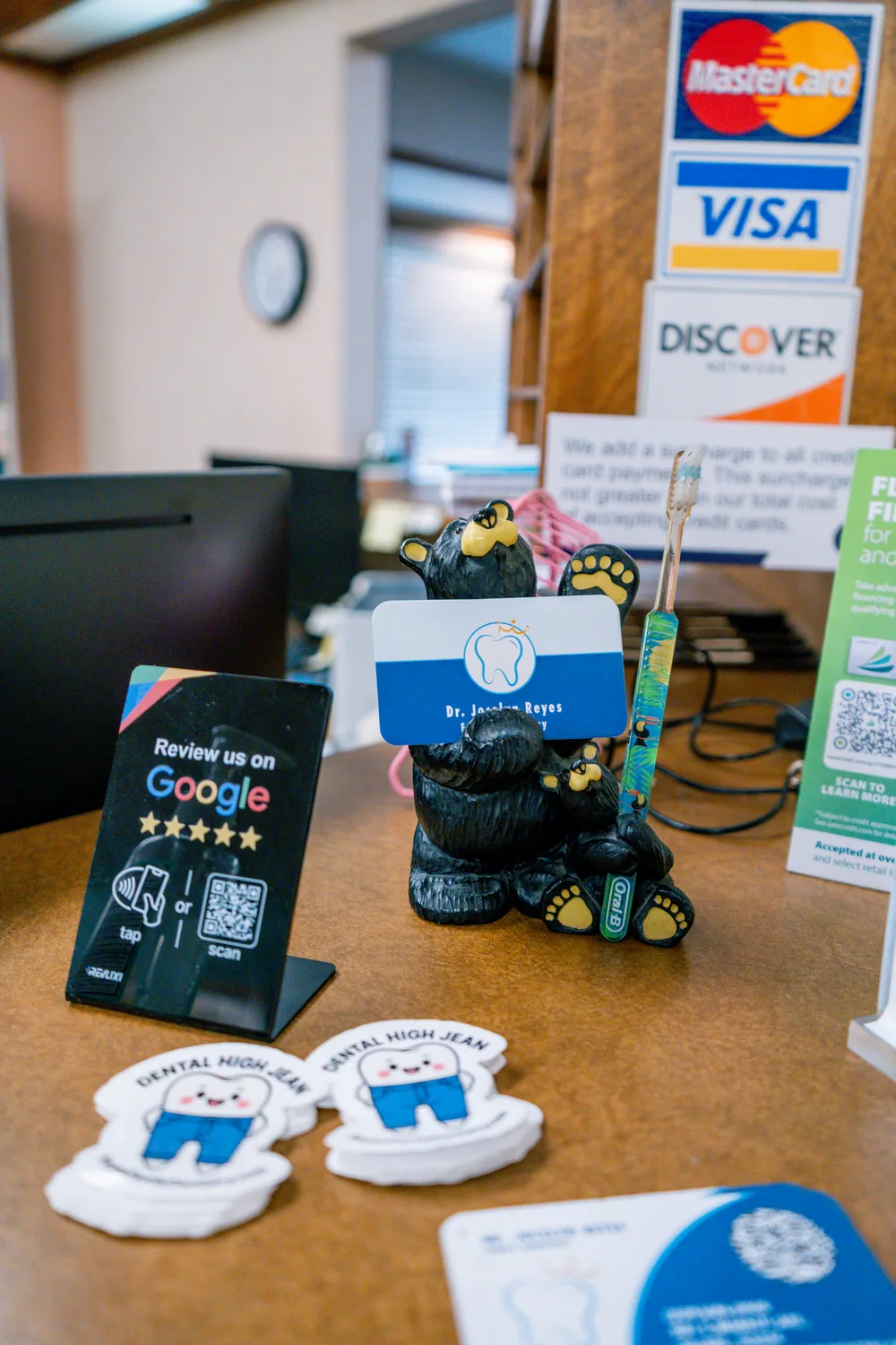 The Review us on Google stand at our Tulare front desk