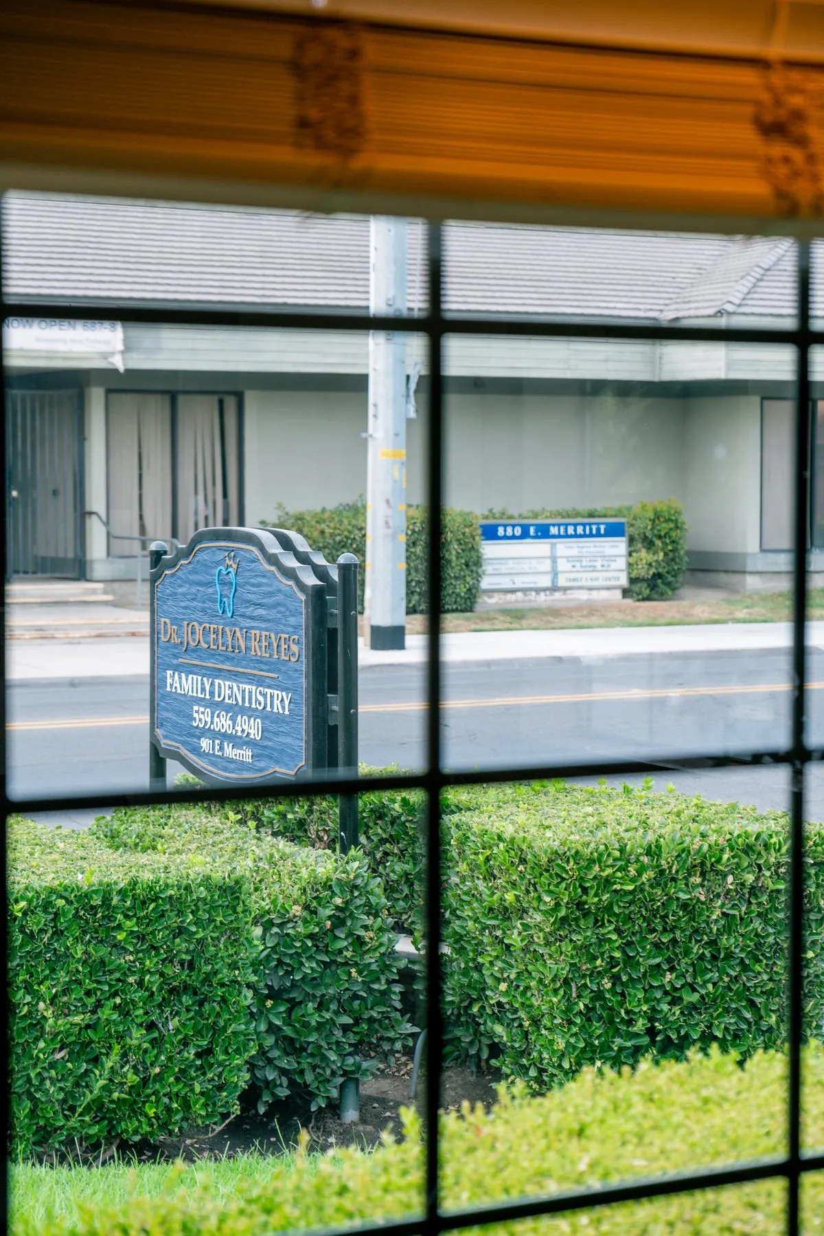 Dr. Jocelyn Reyes Family Dentistry sign seen from the waiting room window